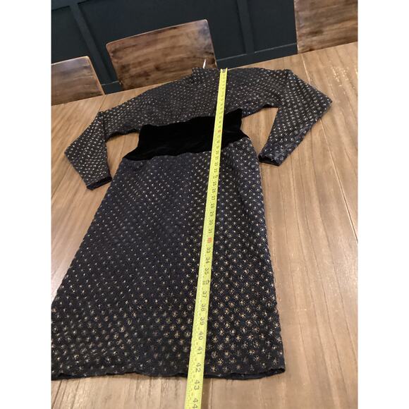 Fernando Sanchez Vintage brocade eyelet Long Sleeve black gold midi retro Dress - Picture 6 of 16